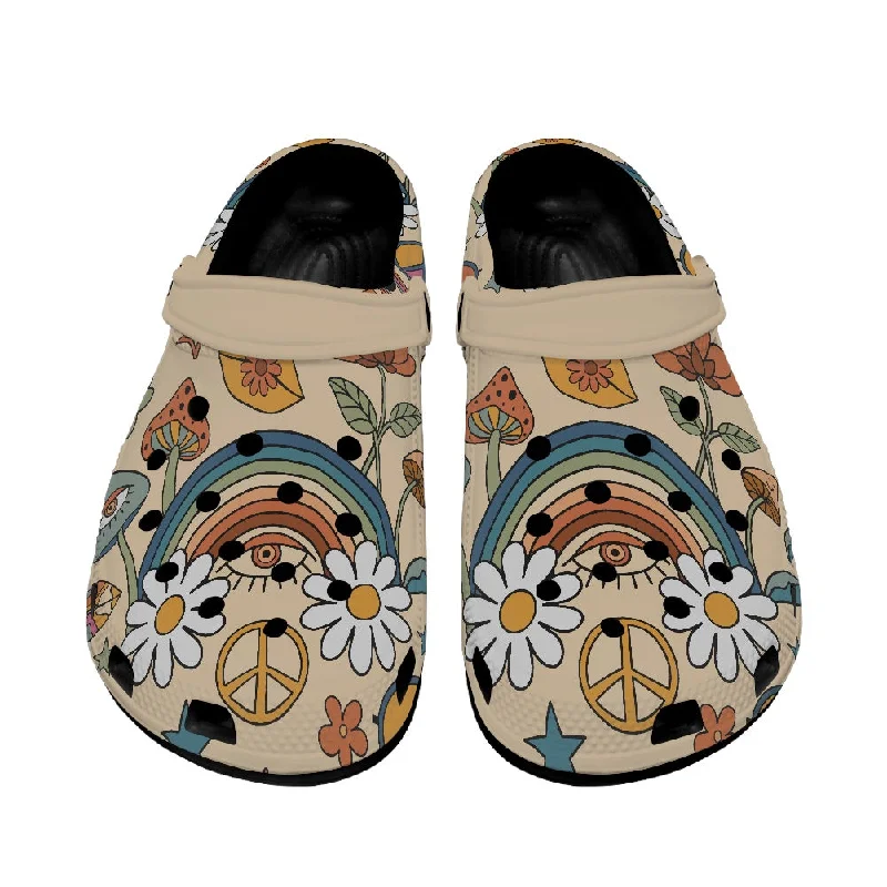 Boho Rainbow and Trippy Mushrooms Women's Clogs Black Sole