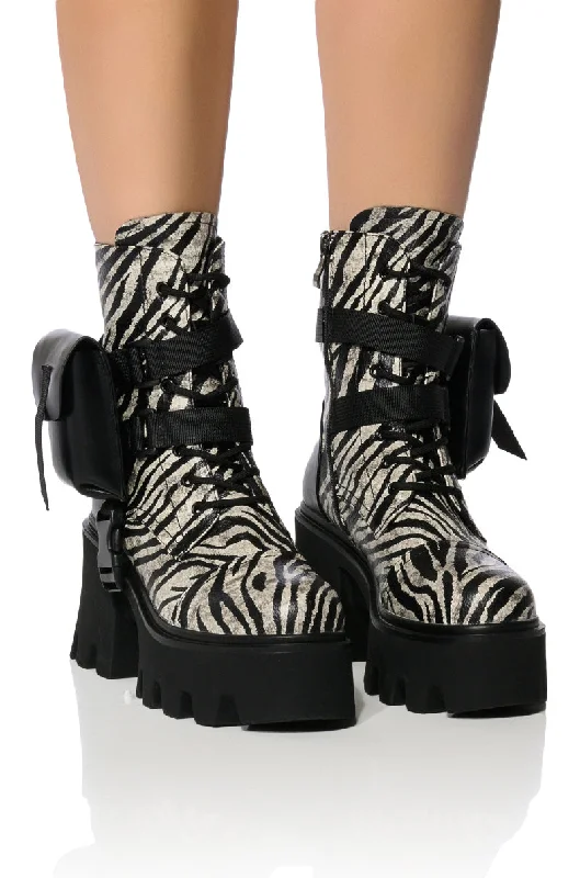 AZALEA WANG FOLLOW CHUNKY COMBAT BOOTIE IN ZEBRA