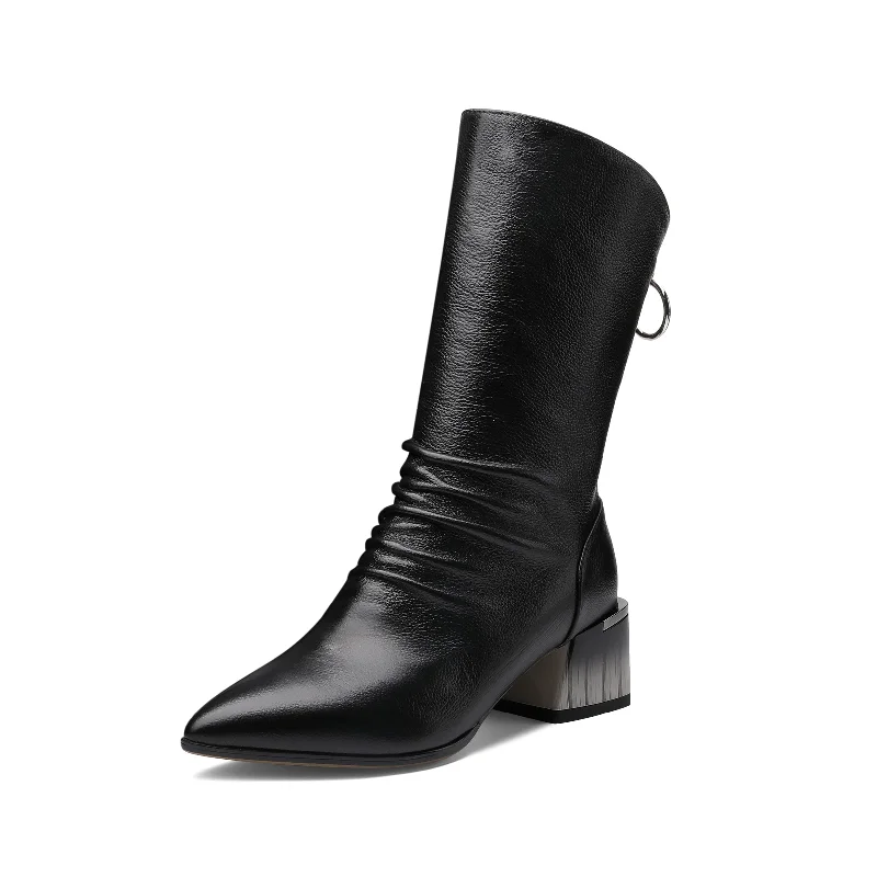 TinaCus Women's Handmade Genuine Leather Pointed Toe Gradient Color Mid Block Heel Back Zip Up Trendy Ruffle Mid-Calf Boots