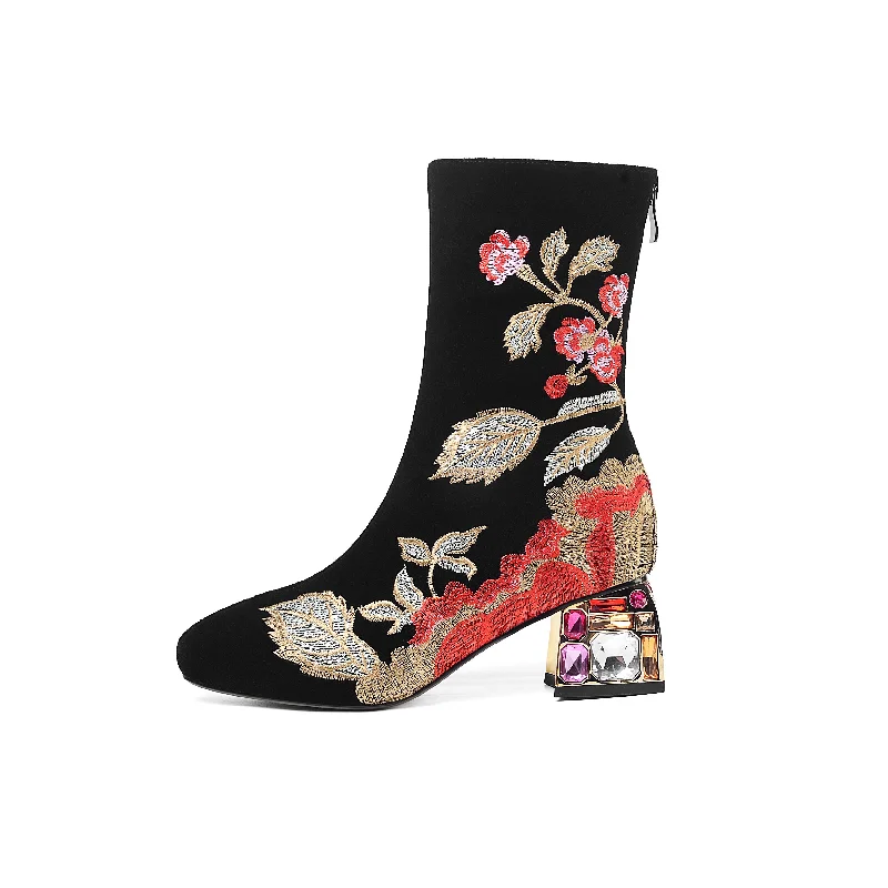 TinaCus Handmade Women's Suede Leather Ethnic Floral Embroidered Round Toe Mid Chunky Rhinestone Heel Back Zipper Mid-Calf Boots