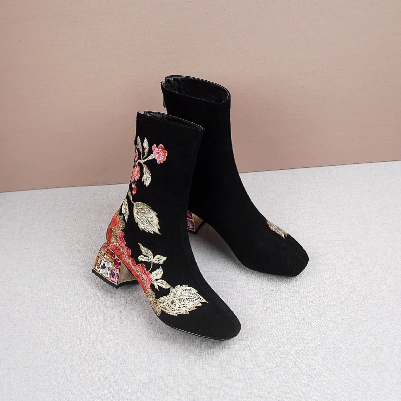 TinaCus Handmade Women's Suede Leather Ethnic Floral Embroidered Round Toe Mid Chunky Rhinestone Heel Back Zipper Mid-Calf Boots