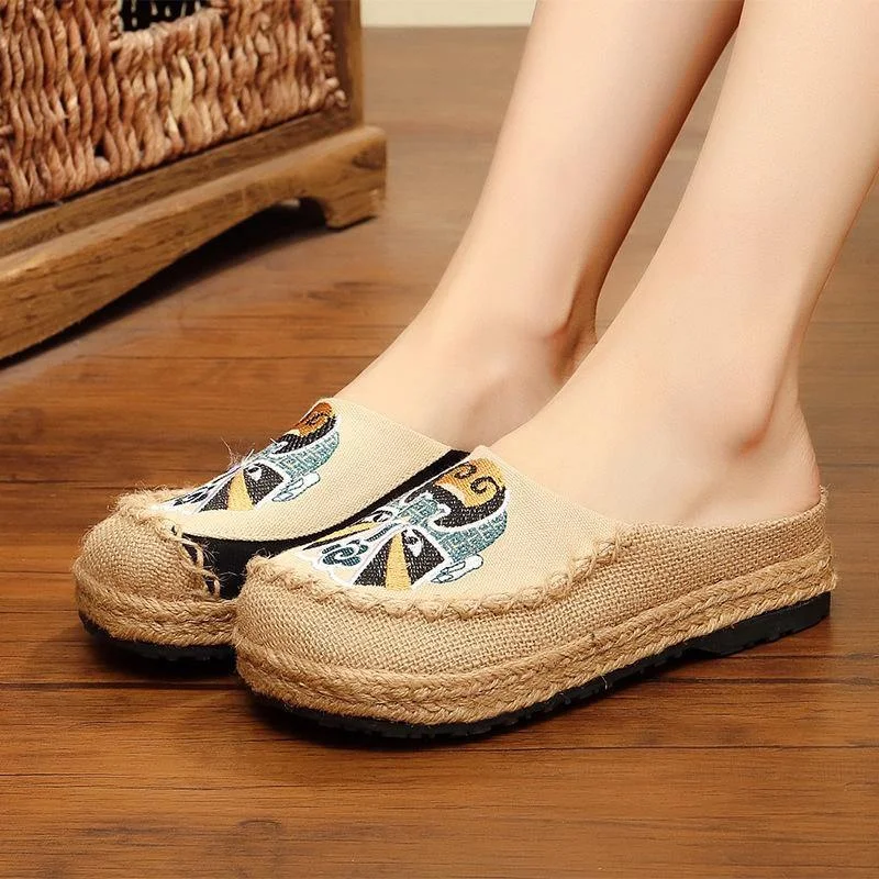 Beige Embroidered Linen Fabric Slippers Shoes Splicing