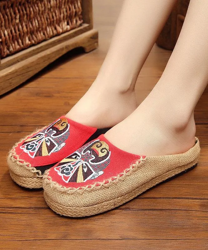 Beige Embroidered Linen Fabric Slippers Shoes Splicing