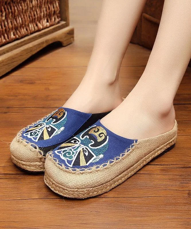 Beige Embroidered Linen Fabric Slippers Shoes Splicing