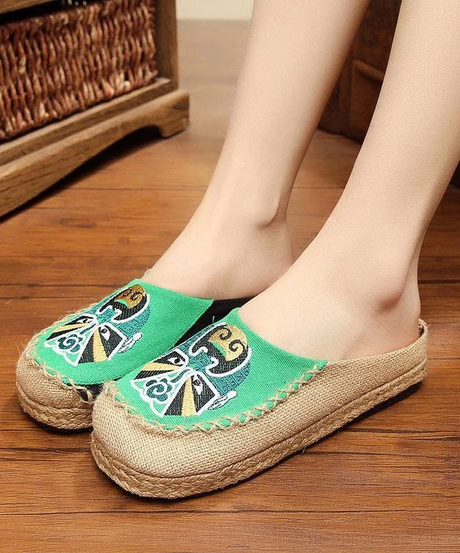 Beige Embroidered Linen Fabric Slippers Shoes Splicing