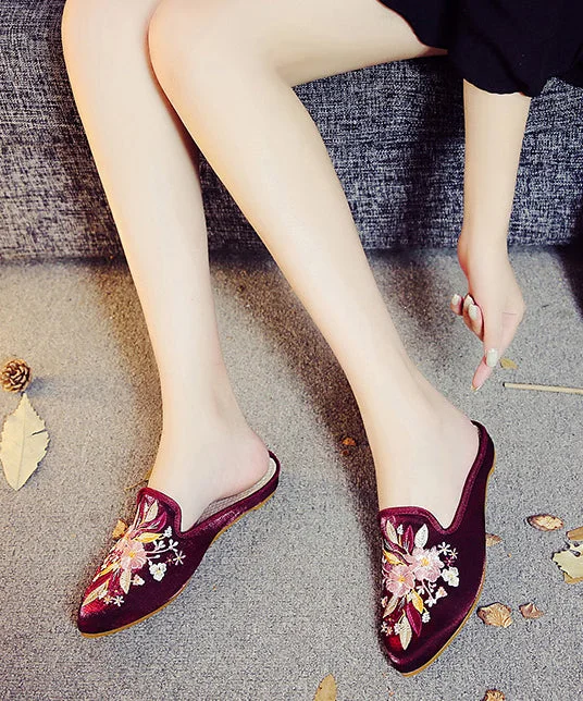 Black Embroidered Cotton Fabric Women Pointed Toe Slide Sandals