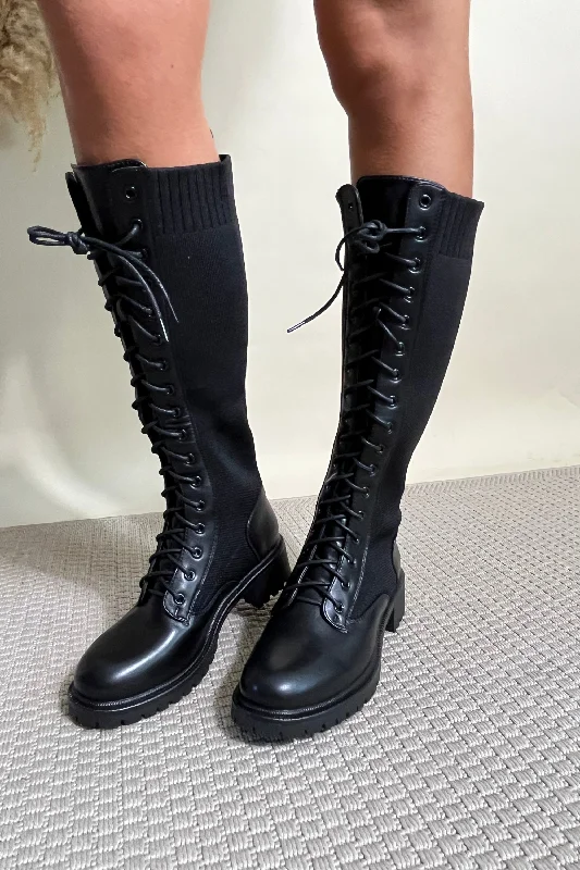 Black lace up longline boots