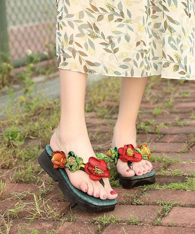 Casual Wedge Thong Sandals Orange Cowhide Leather Flip Flops