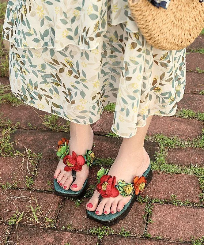 Casual Wedge Thong Sandals Orange Cowhide Leather Flip Flops