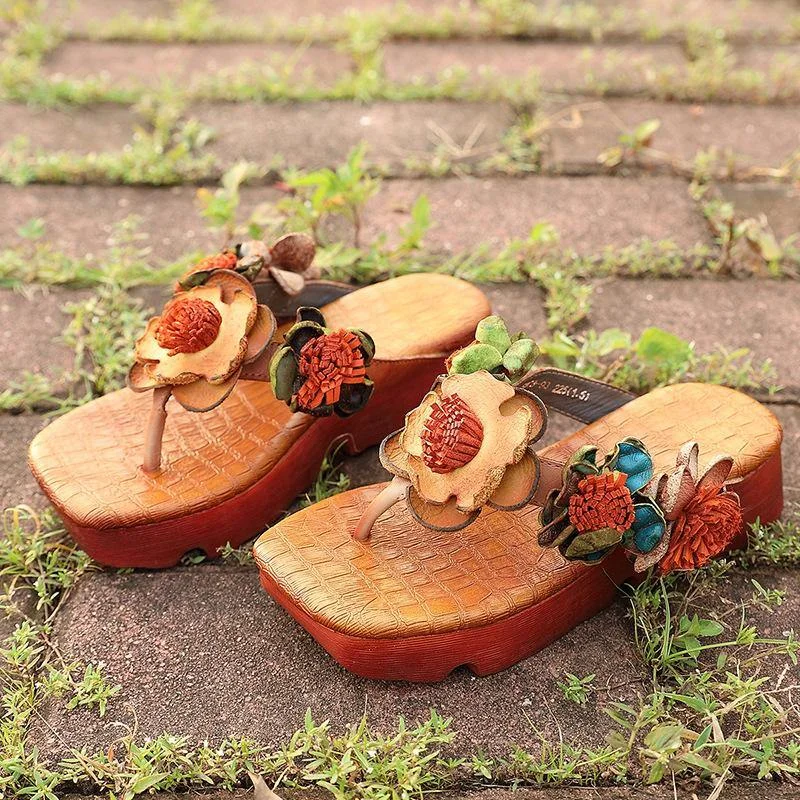 Casual Wedge Thong Sandals Orange Cowhide Leather Flip Flops