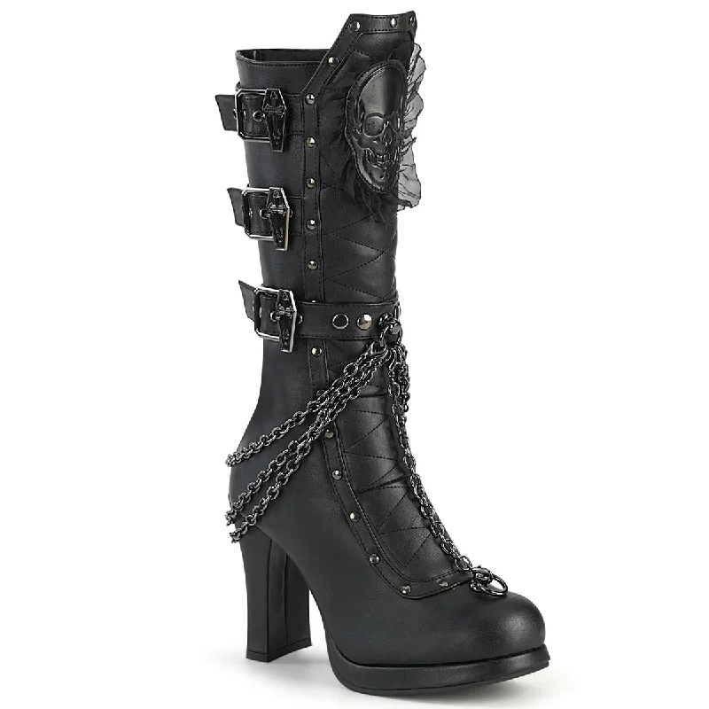 Crypto 67 Black Skull Goth Mid Calf Boots  - Demonia Direct