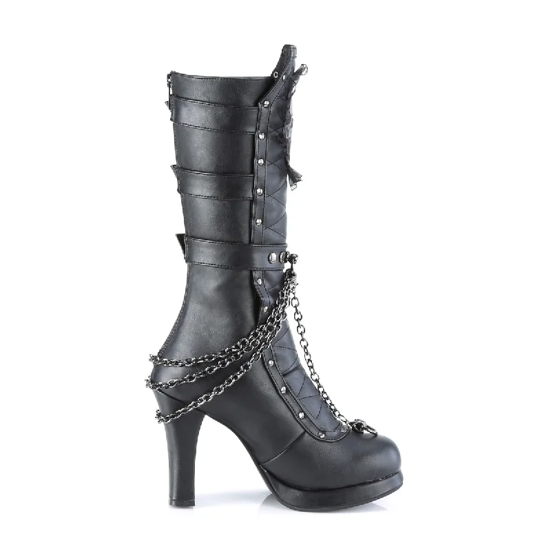 Crypto 67 Black Skull Goth Mid Calf Boots  - Demonia Direct