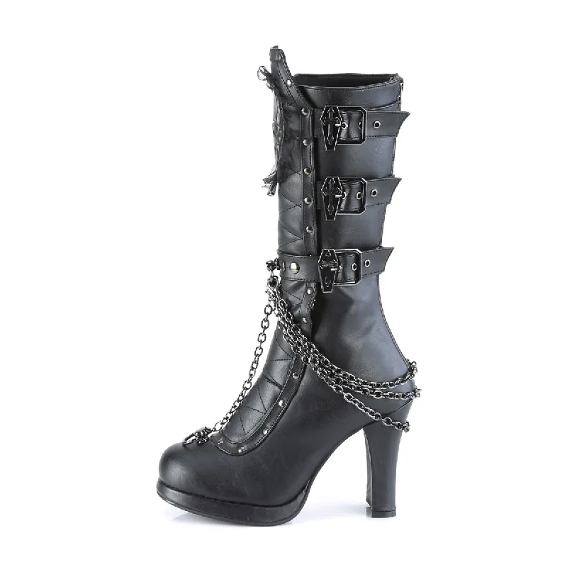 Crypto 67 Black Skull Goth Mid Calf Boots  - Demonia Direct