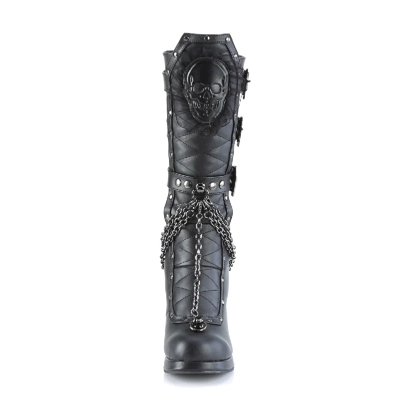 Crypto 67 Black Skull Goth Mid Calf Boots  - Demonia Direct