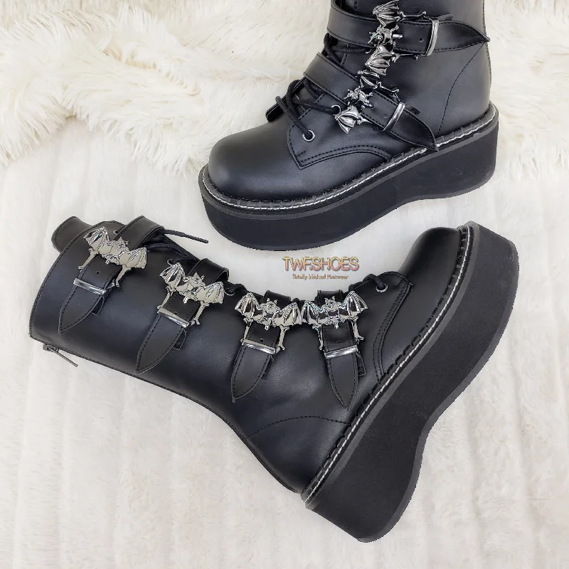 Emily 322 Goth Black Bat Buckle Combat Boots 6-12  - Demonia Direct