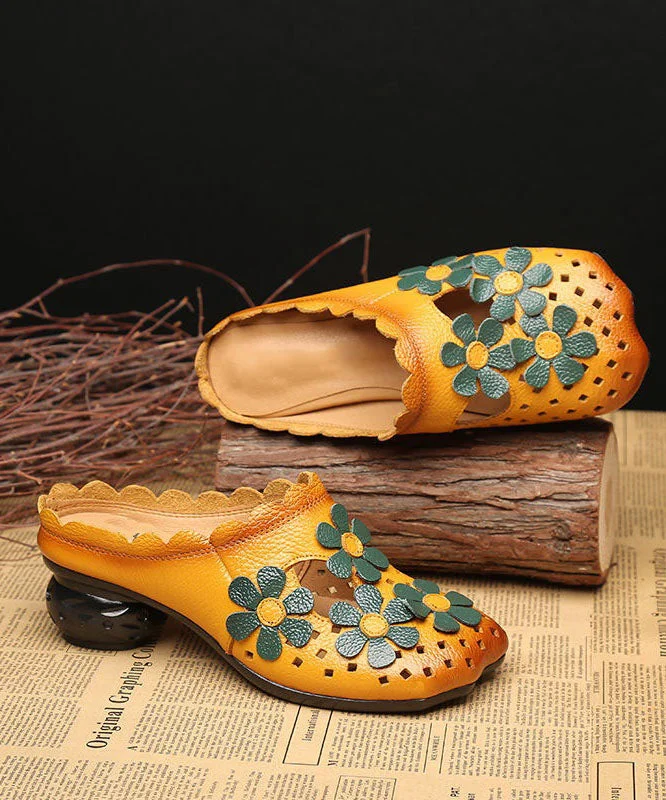 Fashion Hollow Out Floral Yellow Cowhide Leather Slide Sandals