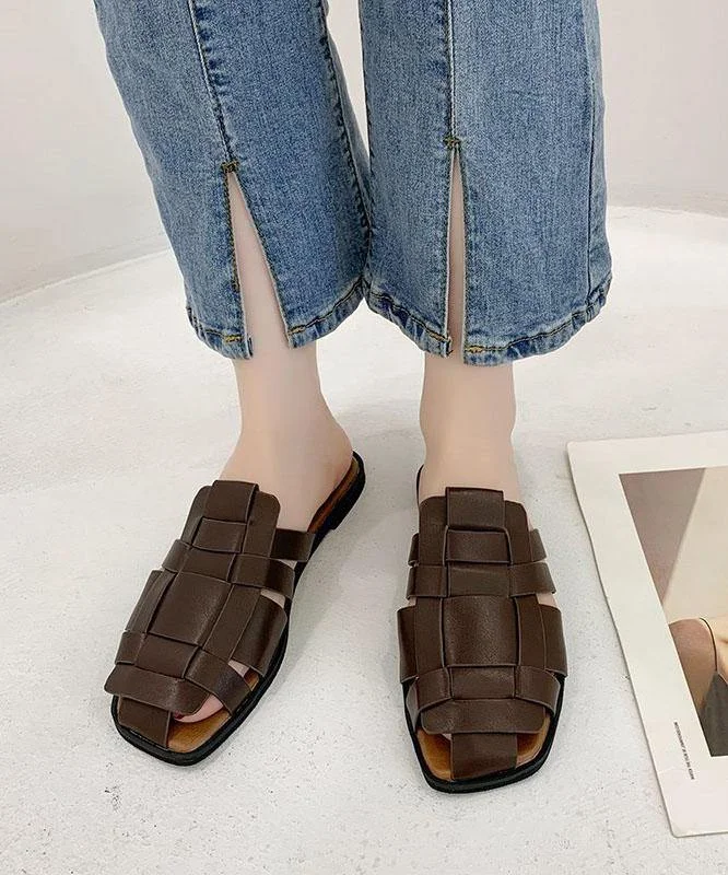 Faux Leather Boho Chocolate Hollow Out Thong Sandals Slide Sandals