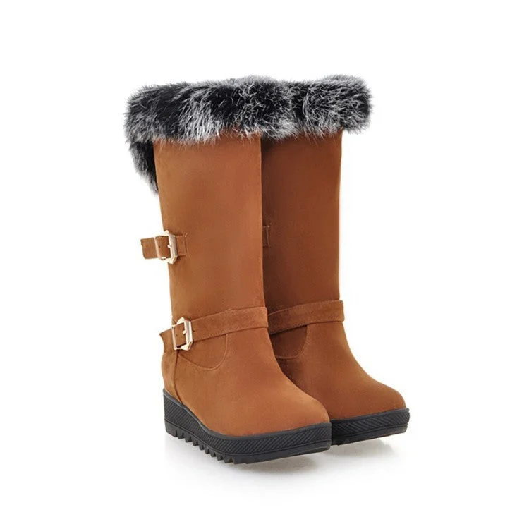 Fur Buckle Mid Calf Boots Wedge Heel 9014