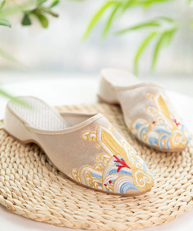 Gold Satin Slide Sandals Splicing Pointed Toe Embroidered Women