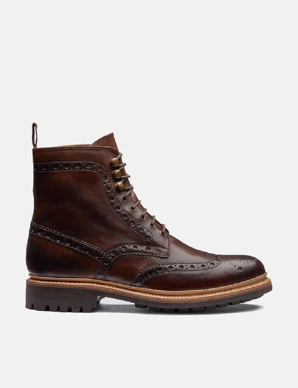 Grenson Fred Brogue Boot (Rubber Sole) - Dark Brown