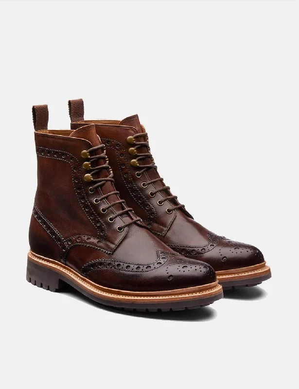 Grenson Fred Brogue Boot (Rubber Sole) - Dark Brown