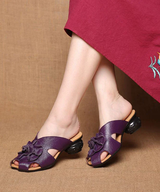 Handmade Purple Cowhide Leather Splicing Slide Sandals