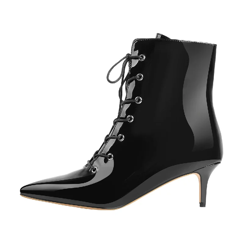 Kitten Low Heel Pointed Toe Lace Up Patent Black Leather Ankle Boots