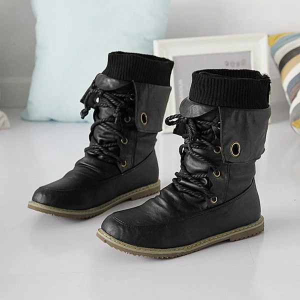 Lace Up Soft Leather Flat Motorcycle Boots 9619