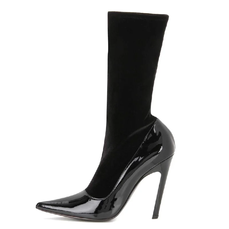 Pointed Toe Velvet Stretch Stiletto Mid-Calf Boots