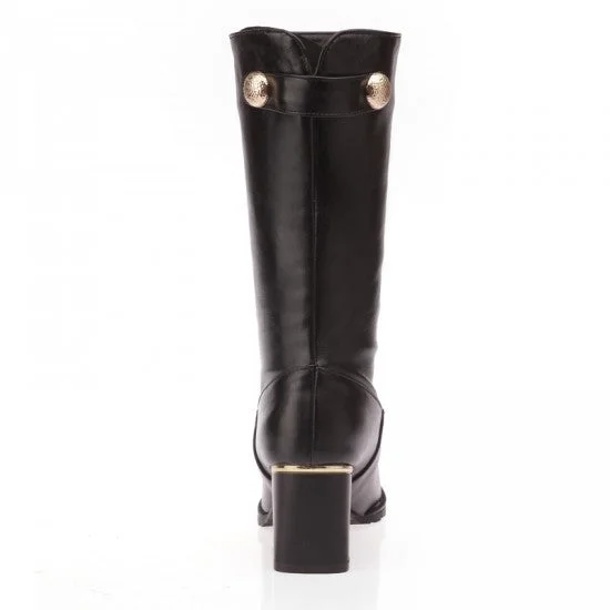 Pu Leather Mid Calf Boots Chunky Heel 8020