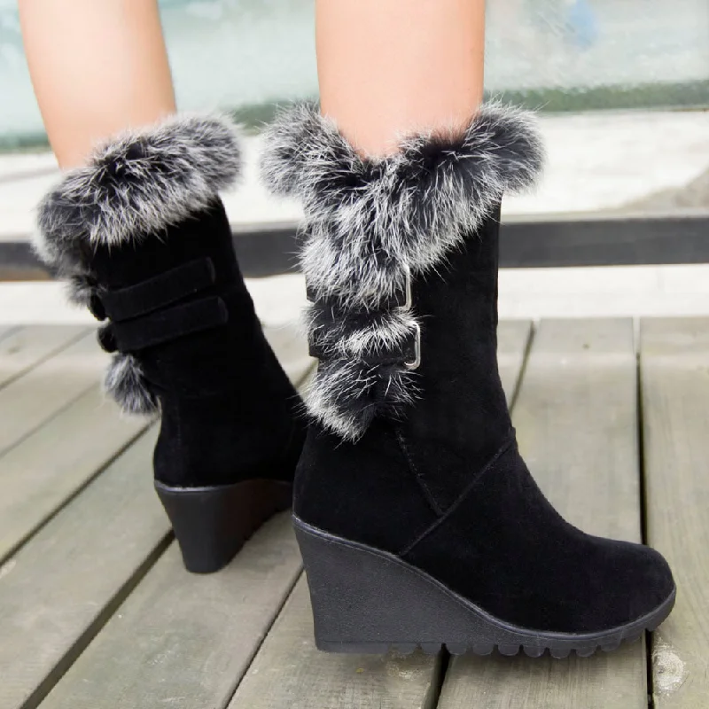 Rabbit Fur Wedge Heeled Mid Calf Boots 4105