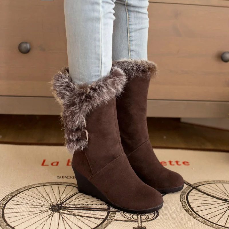 Rabbit Fur Wedge Heeled Mid Calf Boots 4105