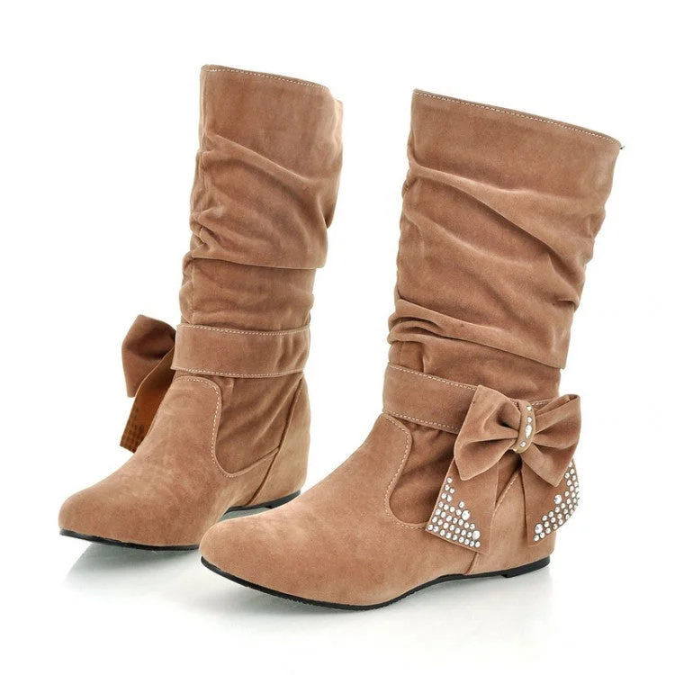 Rhinestone Bow Mid Calf Boots Wedge Heel 5429