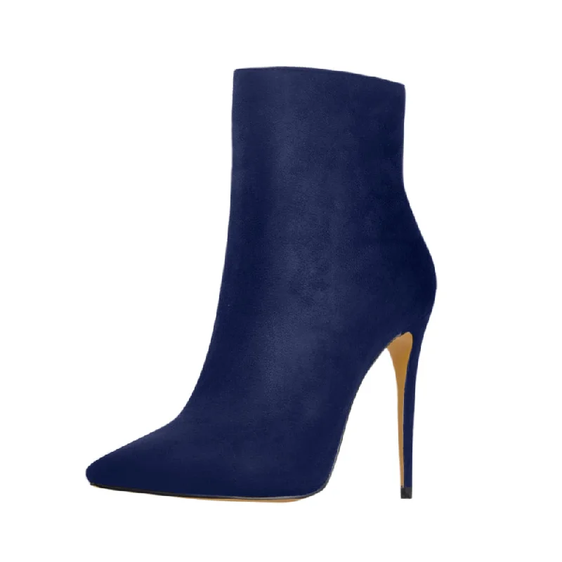 Blue Suede Pointy Toe Stiletto High Heel Ankle Boots