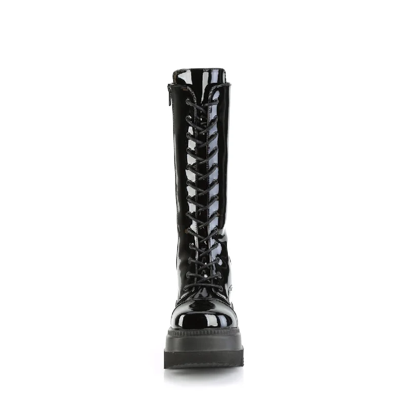 Shaker 72 Lace Up Cyber Goth Platform Black Patent Knee Boots  - Demonia Direct