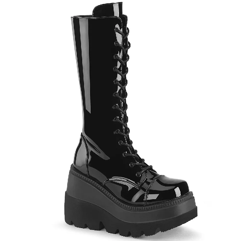 Shaker 72 Lace Up Cyber Goth Platform Black Patent Knee Boots  - Demonia Direct