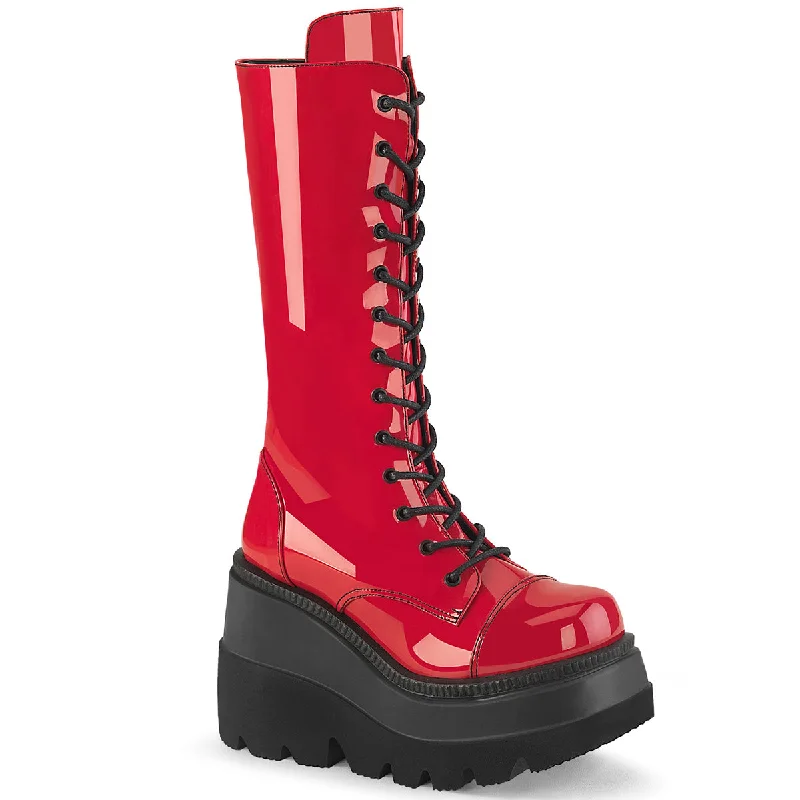 Shaker 72 Lace Up Cyber Goth Platform Red Patent Knee Boots  - Demonia Direct