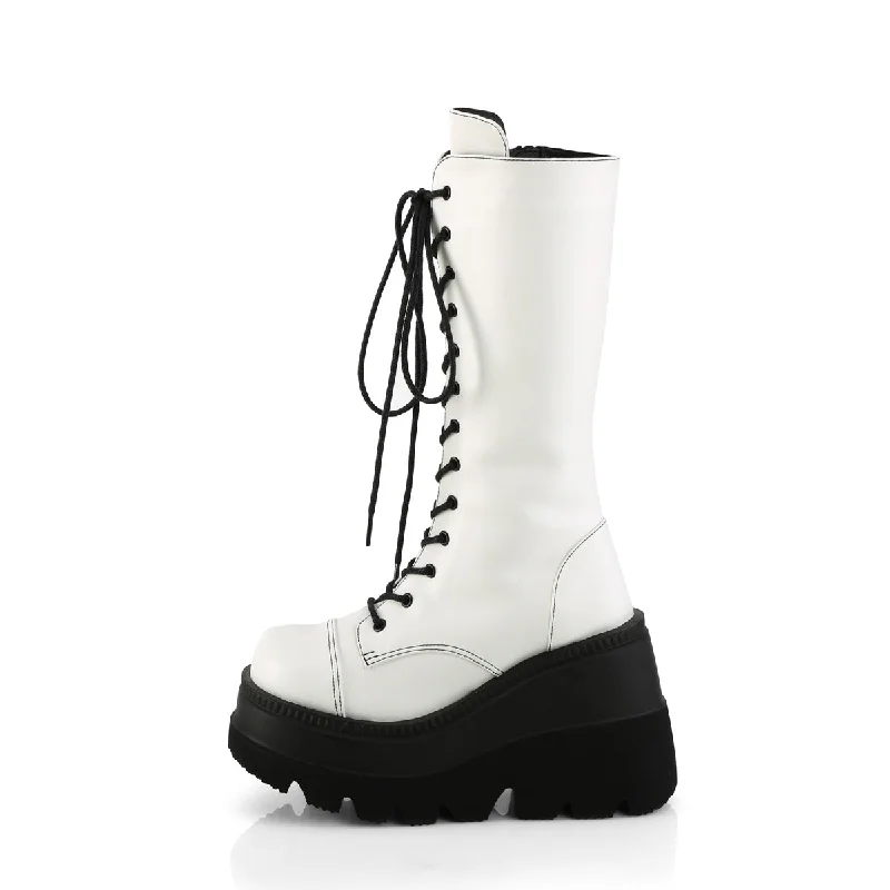 Shaker 72 Lace Up Cyber Goth Platform White Matte Knee Boots  - Demonia Direct