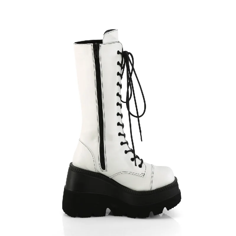 Shaker 72 Lace Up Cyber Goth Platform White Matte Knee Boots  - Demonia Direct