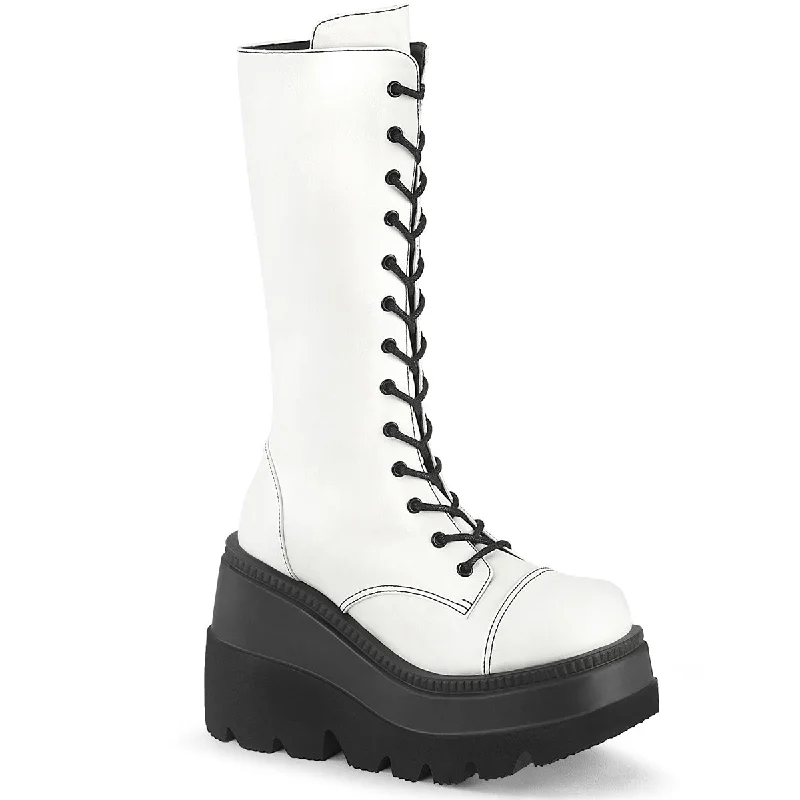 Shaker 72 Lace Up Cyber Goth Platform White Matte Knee Boots  - Demonia Direct