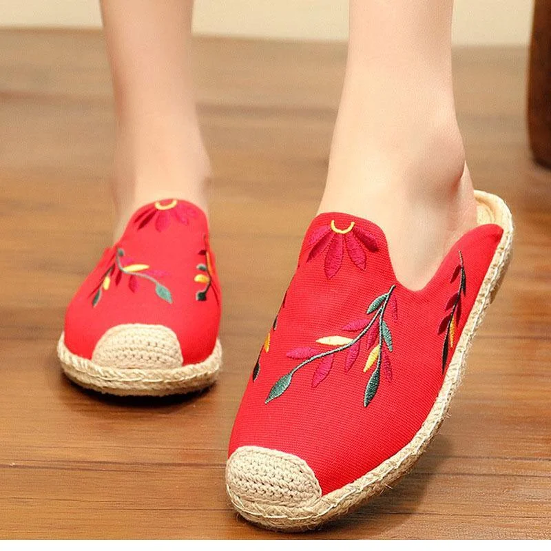 Simple Splicing Red Cotton Fabric Embroidered Slippers Shoes