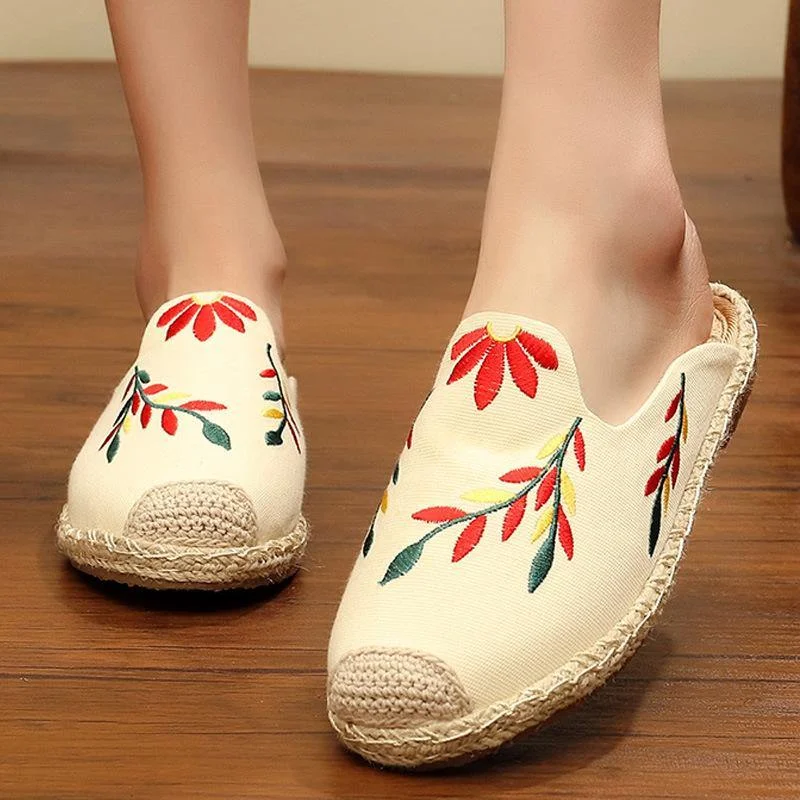 Simple Splicing Red Cotton Fabric Embroidered Slippers Shoes