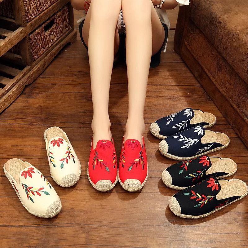 Simple Splicing Red Cotton Fabric Embroidered Slippers Shoes