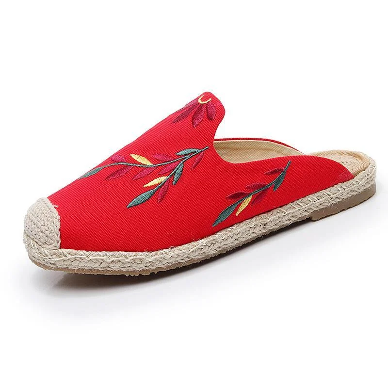 Simple Splicing Red Cotton Fabric Embroidered Slippers Shoes