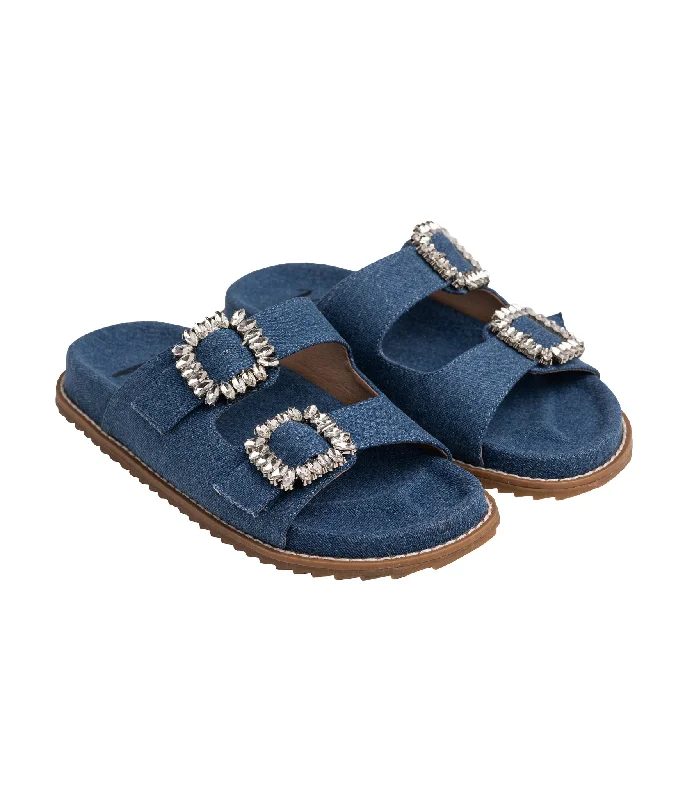 Stellar Rhinestone Buckle Slides in Denim