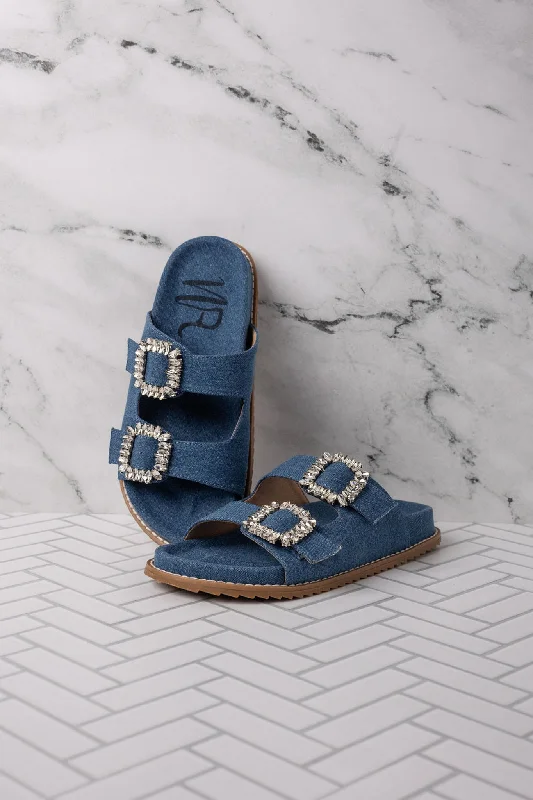 Stellar Rhinestone Buckle Slides in Denim