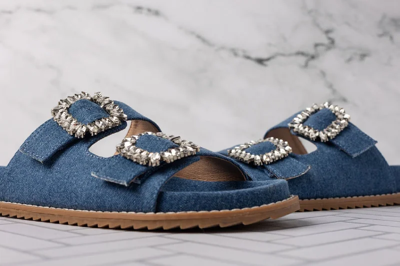 Stellar Rhinestone Buckle Slides in Denim