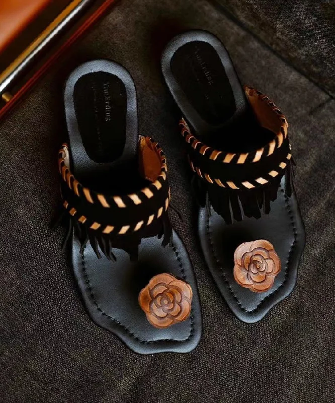 Stylish Black Tasseled Splicing Flip Flops Slide Sandals