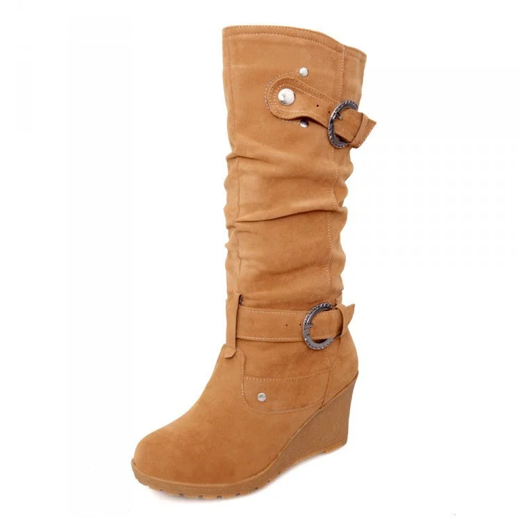 Suede Mid Calf Boots Wedge Heel 1618