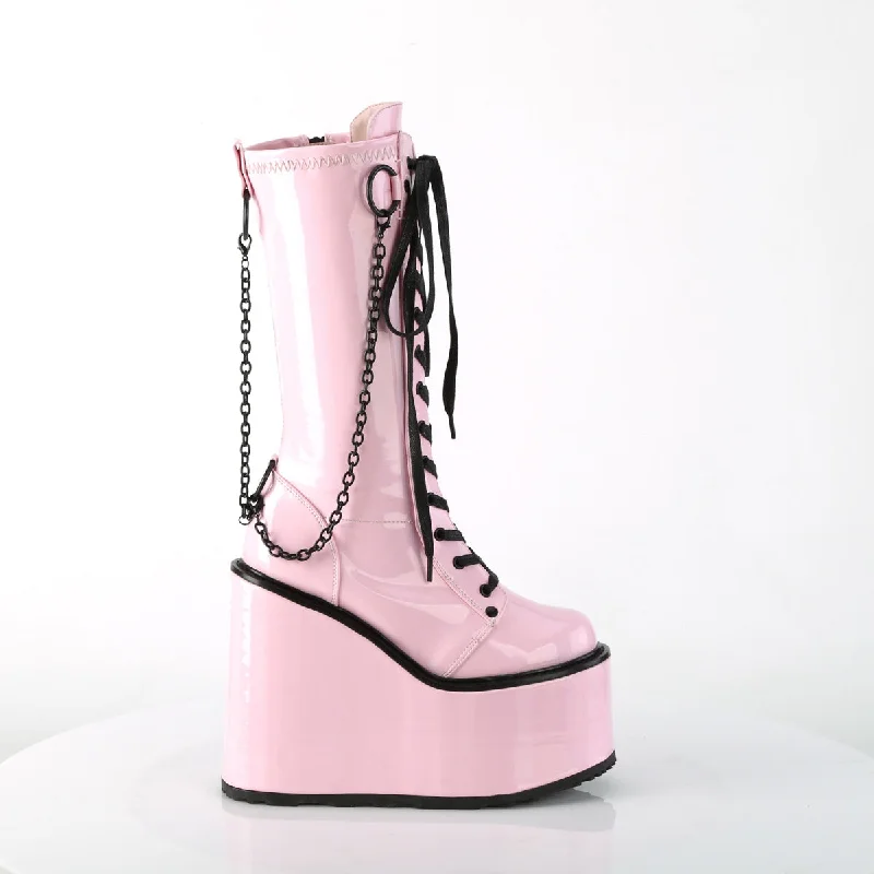 Swing 150 Draped Chain Platform Knee Boots Pink Hologram Patent